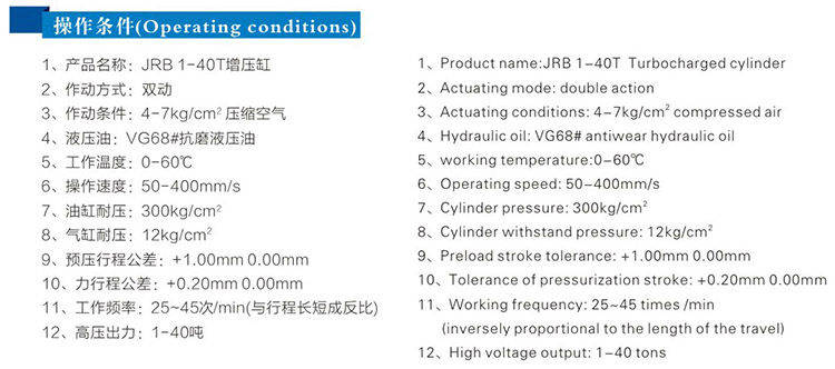 JRB力行程可調氣液增壓缸操（cāo）作條件