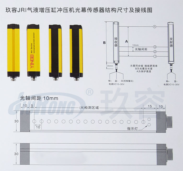 玖容JRI氣液增壓缸衝壓機光幕傳感器結構尺寸及接線圖